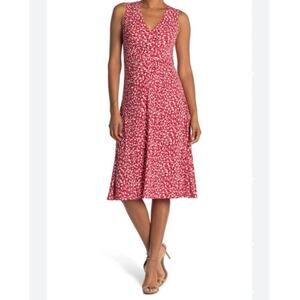 VINCE CAMUTO Dotted Sleeveless V Neck Ruched Midi Dress in Persimmon Size 2